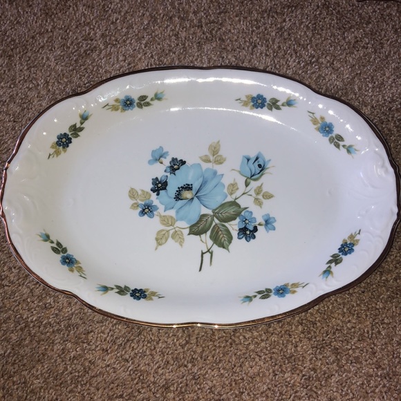 Vintage W Wawel Made in Poland Blue Morning Flower Green Leaves Gold Rim Platter - Picture 7 of 7